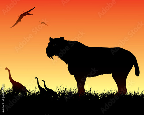 Fototapeta Naklejka Na Ścianę i Meble -  Dinosaurs background with smilodon cat