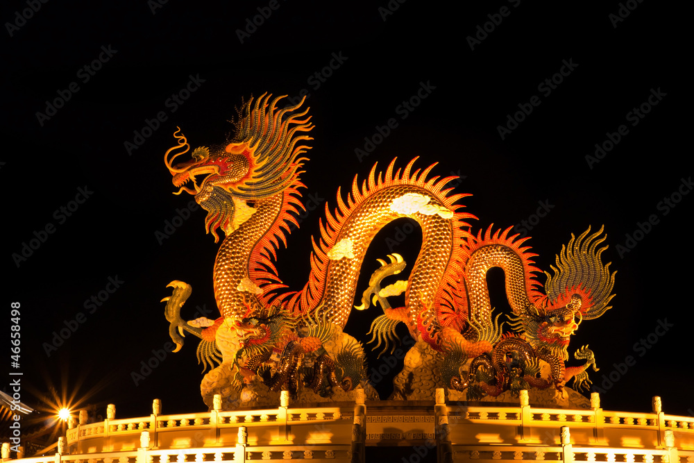 Chinese style dragon statue. Night light.
