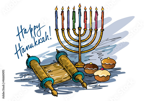 Hanukkah menorah with  candle and  doughnut