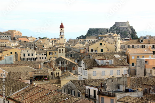town buildings churches streets and castle on the island of Corfu in Greece 