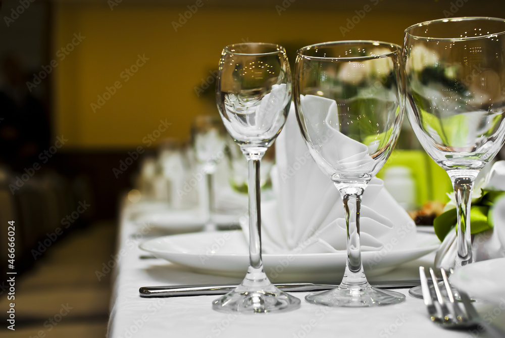 Table set for an event party or wedding reception Table set for an event party or wedding reception