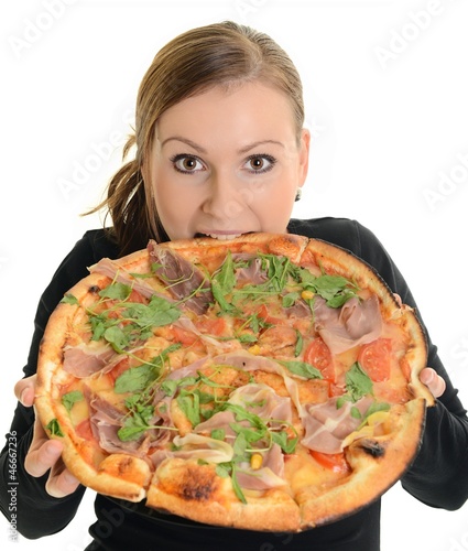 Woman eating pizza, isolated on white