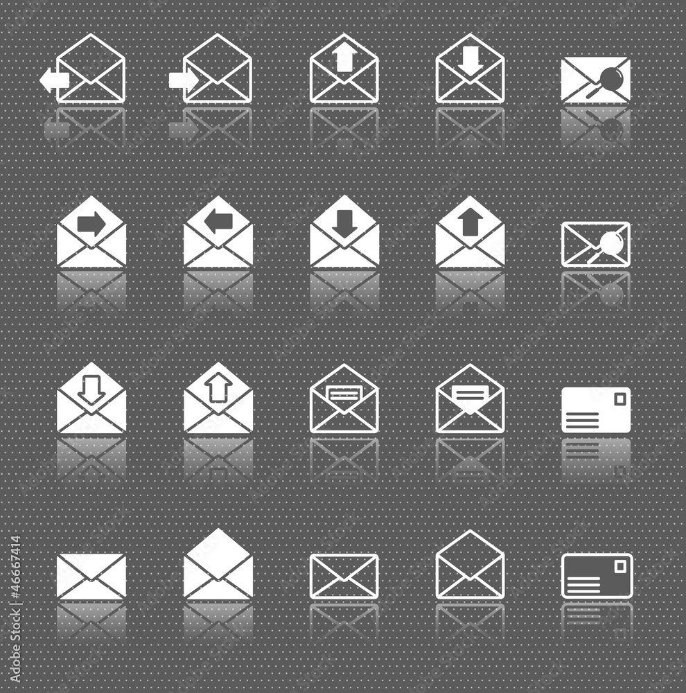 mail envelope web icons set with reflection on dark background
