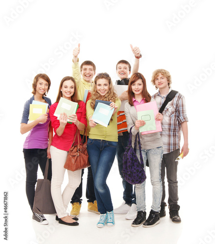 A group of happy Caucasian teenagers holding thumbs up