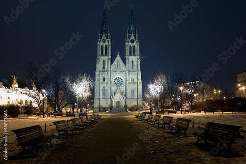 Saint Ludmila Church in Prague at night, Czech Republic