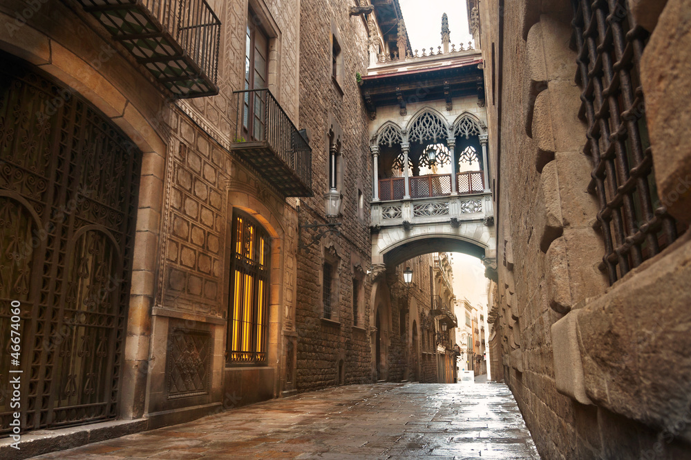 Naklejka premium Dzielnica gotycka w Barcelonie, Carrer del Bisbe