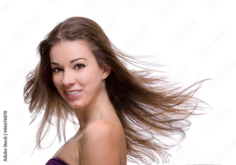 close up of woman with flying hair close up of woman with flying hair