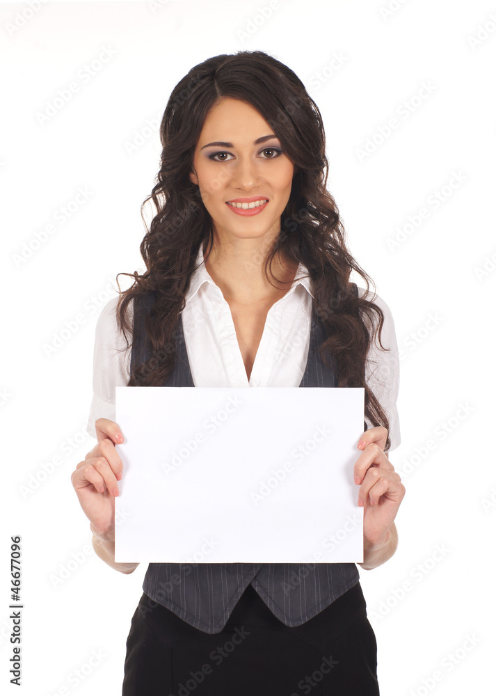 A young brunette businesswoman holding a white paper A young brunette businesswoman holding a white paper