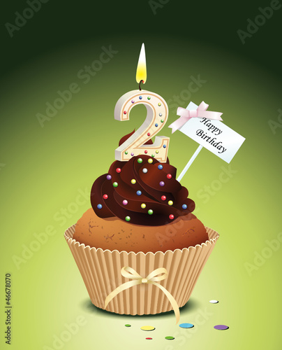 Cupcake mit Geburtstagskerze die Zahl 2