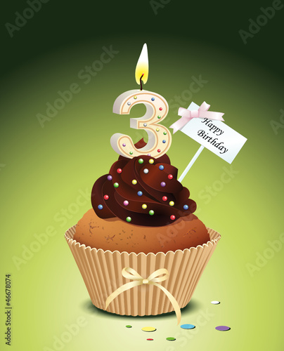 Cupcake mit Geburtstagskerze die Zahl 3