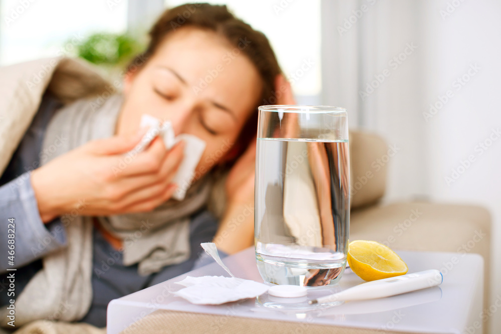 Sick Woman. Flu. Woman Caught Cold. Sneezing into Tissue Sick Woman. Flu. Woman Caught Cold. Sneezing into Tissue