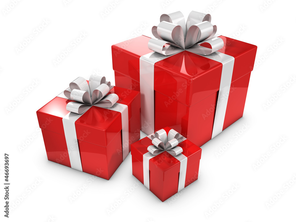 Fototapeta premium 3d Three Red Gift boxes with white bows