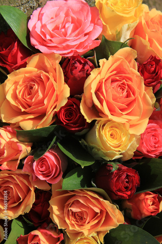 Mixed roses in yellow  red and orange