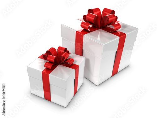 Two White Gift boxes with red bows and ribbons