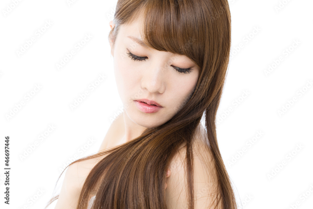 Naklejka premium Beautiful hair woman on white background. Portrait of asian.