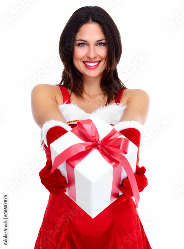 Santa helper Christmas girl with a present.