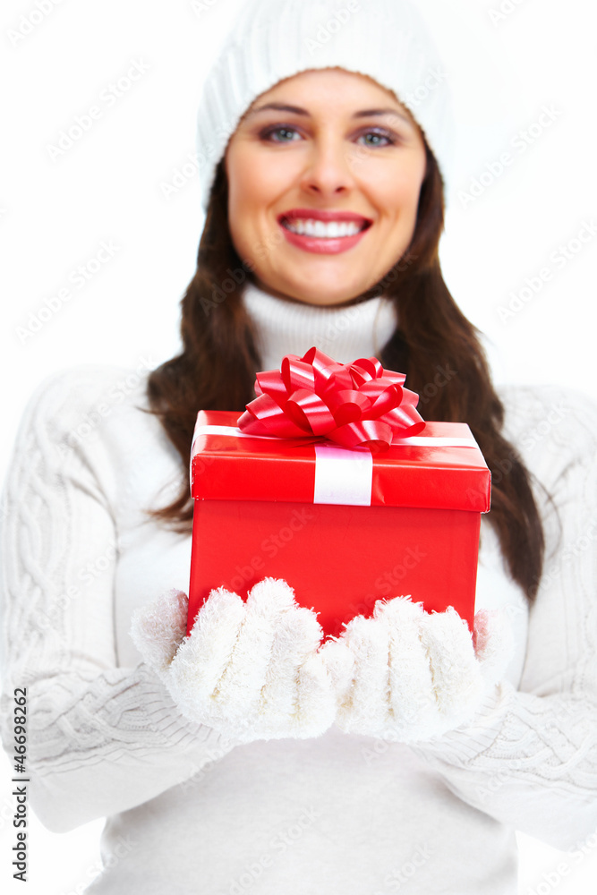 Beautiful young Christmas girl with gift. Beautiful young Christmas girl with gift.