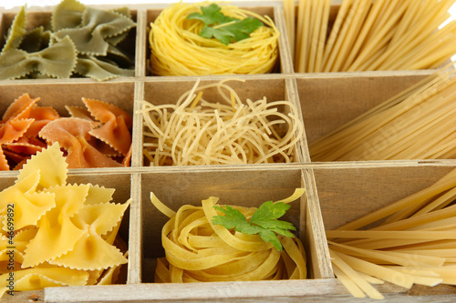 Nine types of pasta in wooden box sections close-up