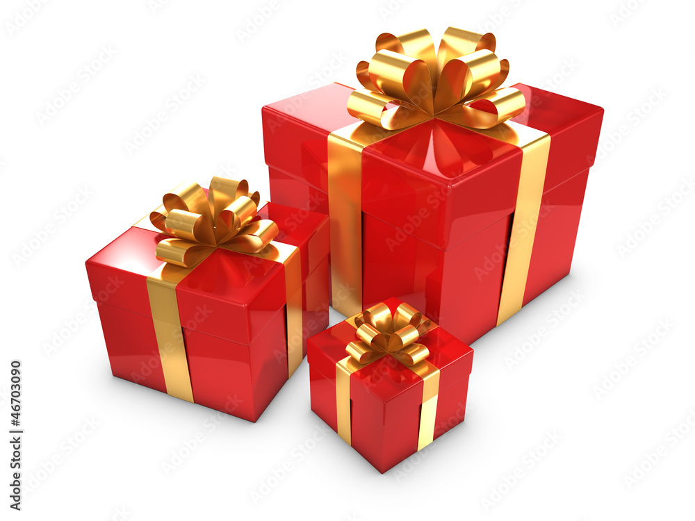 Three Red Gift box with gold bowes and ribbons Three Red Gift box with gold bowes and ribbons