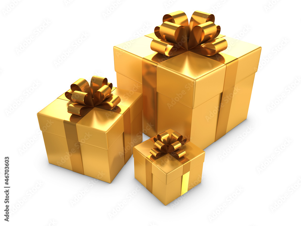 Three Gold Gift boxes with gold bows and ribbons Three Gold Gift boxes with gold bows and ribbons