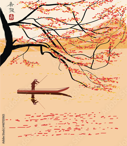 A lone boatman, floats on the the lake in the spring.