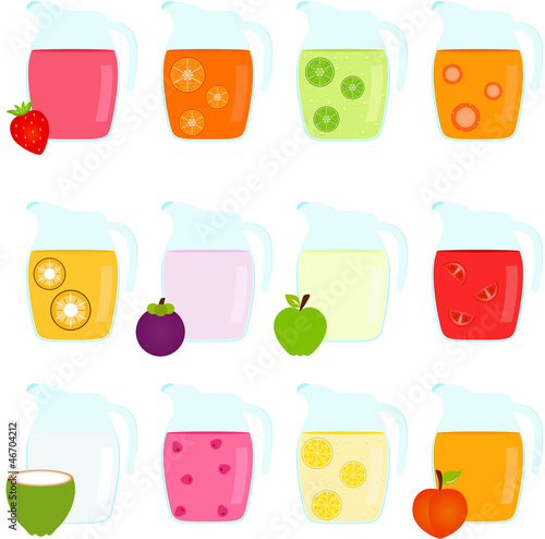 Vector of Colorful Jugs filled with different Fruit Juice