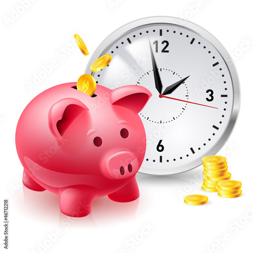 Pink pig bank with coins and clock