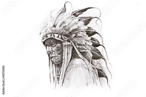 Tattoo sketch of Native American Indian warrior, hand made