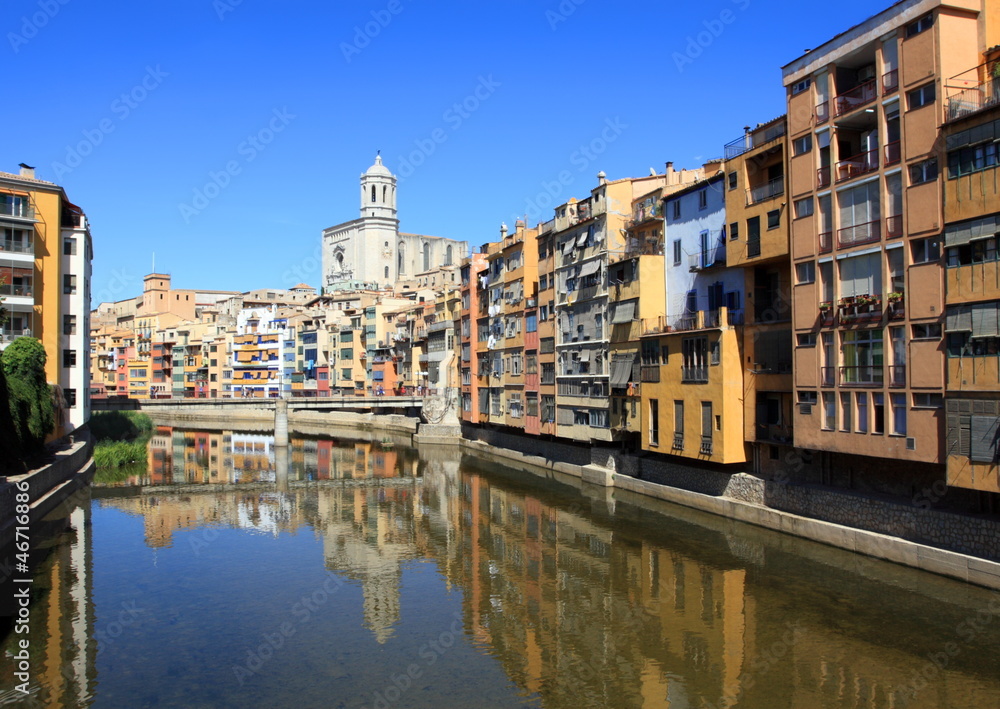 Spain. Zhirona. View of the old city and river Onyar