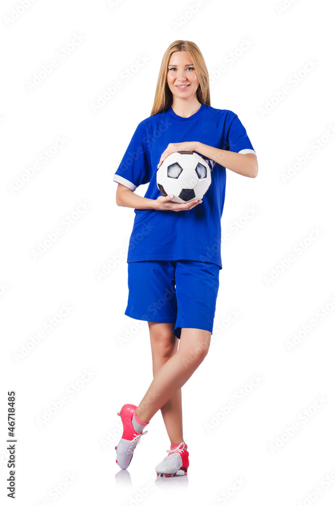 Woman playing football on white Woman playing football on white