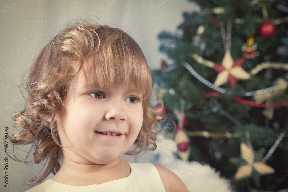 Portrait of beautiful curly girl, christmas