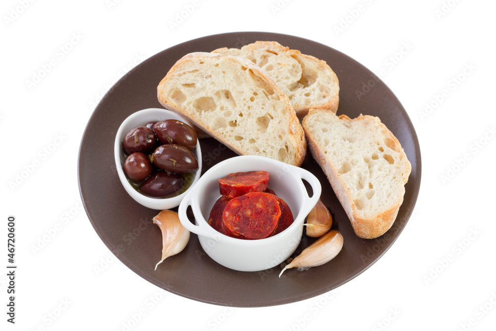 smoked sausages with bread and olives smoked sausages with bread and olives