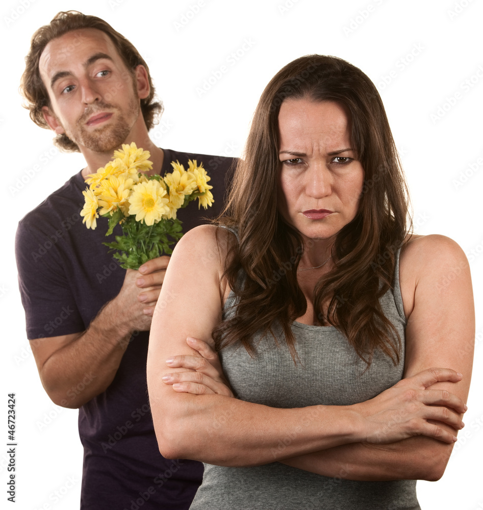 Angry Woman and Man with Flowers Angry Woman and Man with Flowers