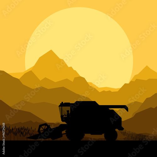 Combine harvesting crop in grain fields vector