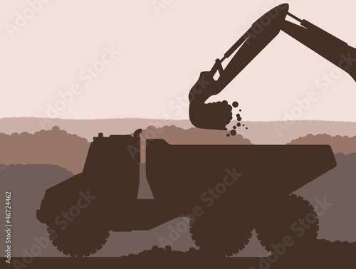Excavator loader at construction site with raised bucket vector