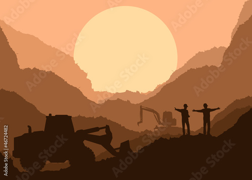 Excavator loader at construction site with raised bucket vector
