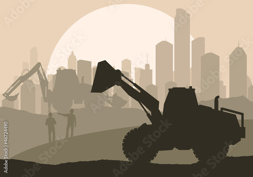 Excavator loader at construction site with raised bucket vector