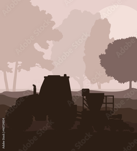 Tractor and seeder planting crops on a field vector