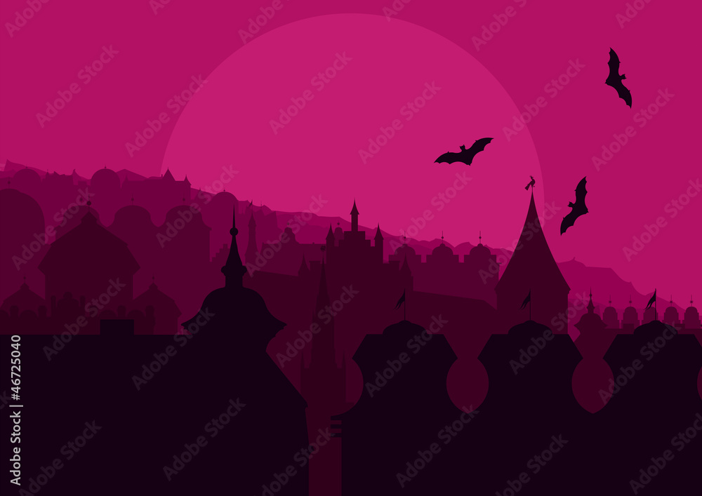Halloween night old scary city town landscape with flying bats