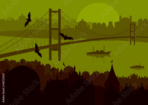 Halloween night old scary city town landscape with flying bats