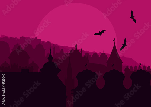 Halloween night old scary city town landscape with flying bats