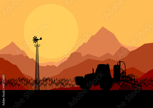 Tractor spraying a field vector background