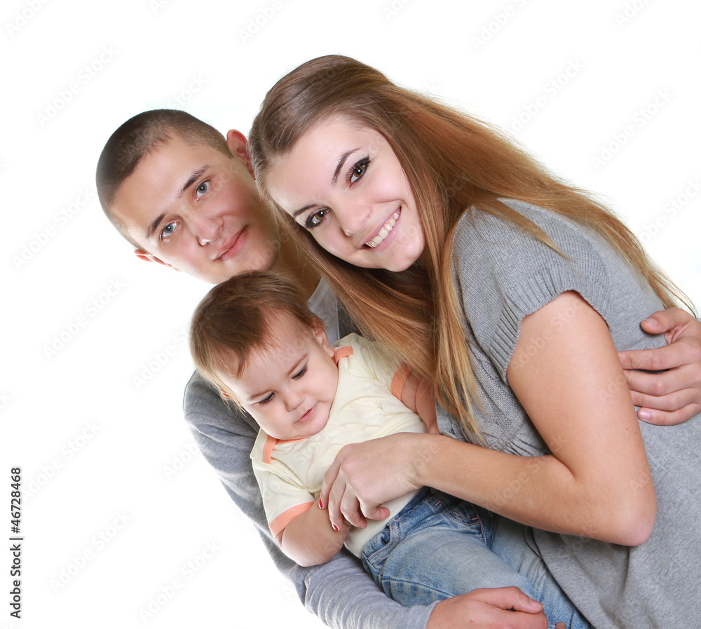 young happy family with child, studio portrait, isolated over wh young happy family with child, studio portrait, isolated over wh