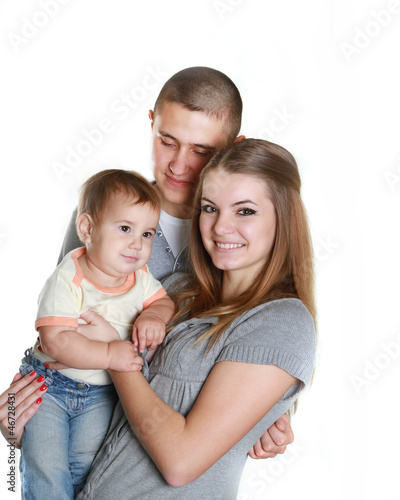 young happy family with child, studio portrait, isolated over wh