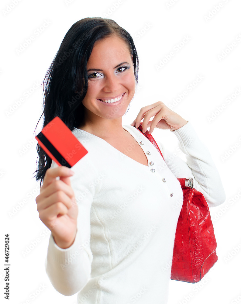 Smiling woman with red credit card and bag. Isolated on white. Smiling woman with red credit card and bag. Isolated on white.