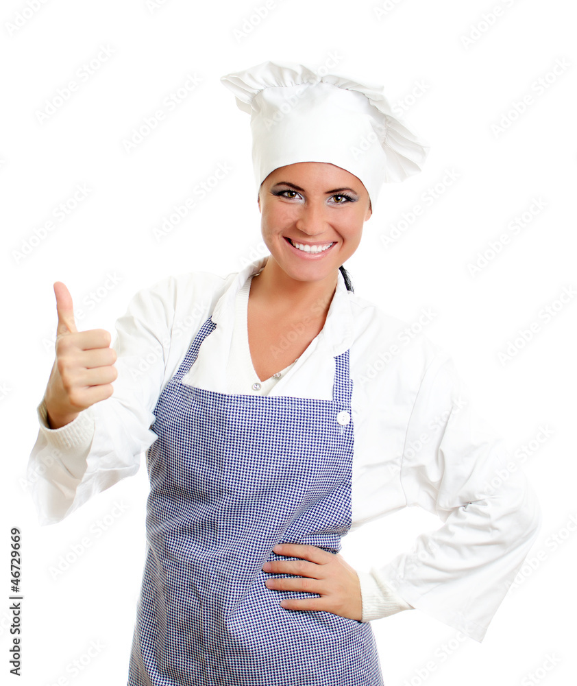 Happy chief cook giving thumbs up. Isolated on white. Happy chief cook giving thumbs up. Isolated on white.