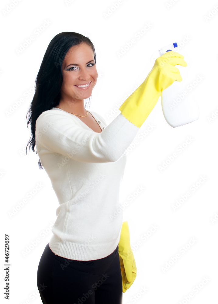 Happy housewife with window cleaner. Isolated on white. Happy housewife with window cleaner. Isolated on white.