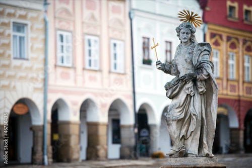 Statue on fountain at the main square of Telc, Czech republic