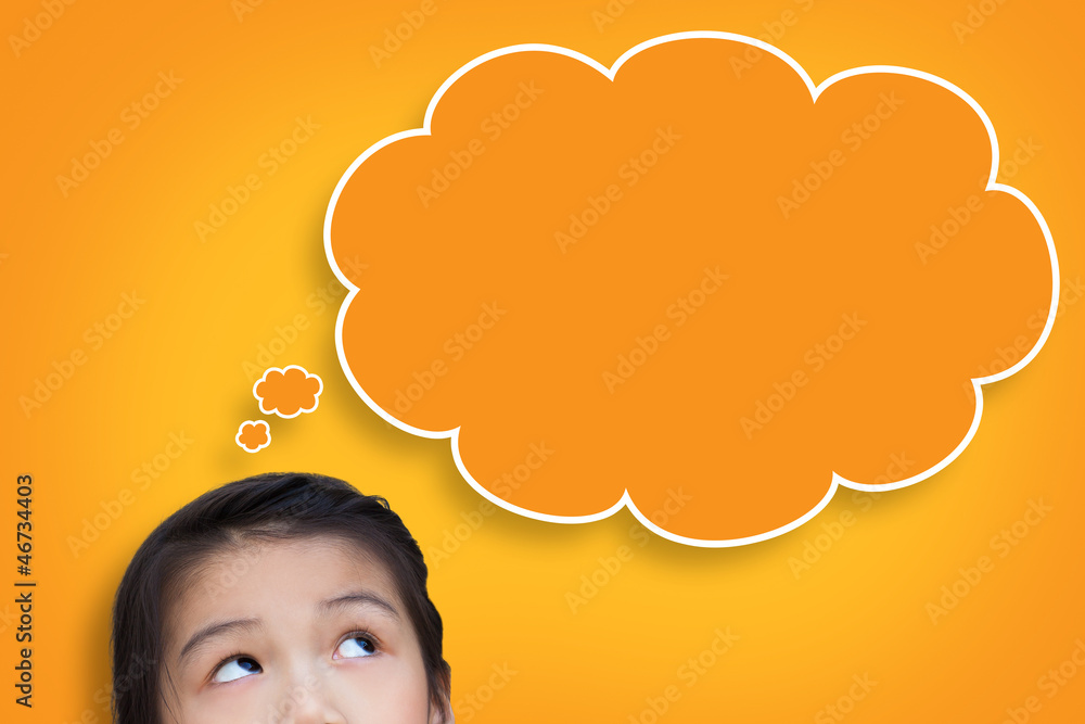 Little girl with sign blank think bubble banner