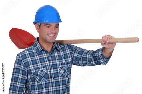 bricklayer holding shovel isolated on white